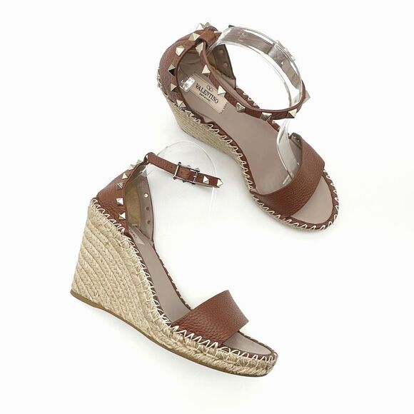 VALENTINO Brown Rockstud Espadrille Wedge Heels Size 40 Peep Sandal Ankle Strap - Picture 14 of 14
